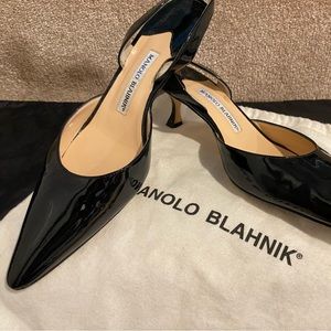 Manolo Blahnik Carolyne black patent leather sling back heels
